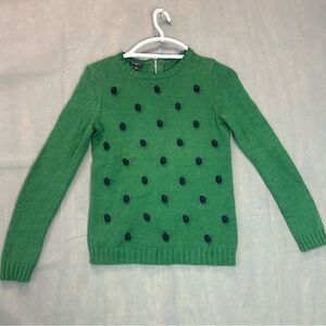 Talbots Pom Pom Sweater Womens petite Green Knit Back Zip Long Sleeve Pullover